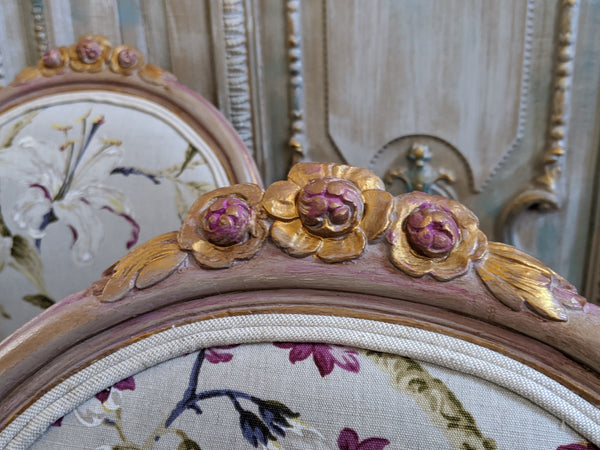Antique FRENCH Louis Shabby Chic Painted Carved Floral LINEN Hall Boudoir Parlour Chair