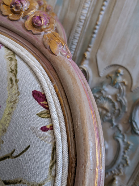 Antique FRENCH Louis Shabby Chic Painted Carved Floral LINEN Hall Boudoir Parlour Chair