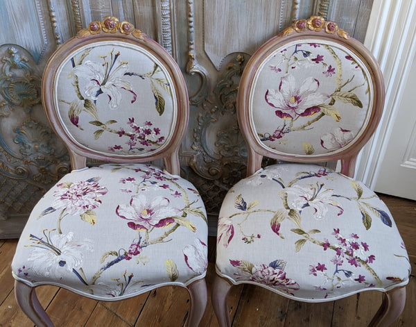 FRENCH LOUIS Shabby Chic Painted Dusky Pink Carved Floral LINEN Hall Boudoir Parlour Chair