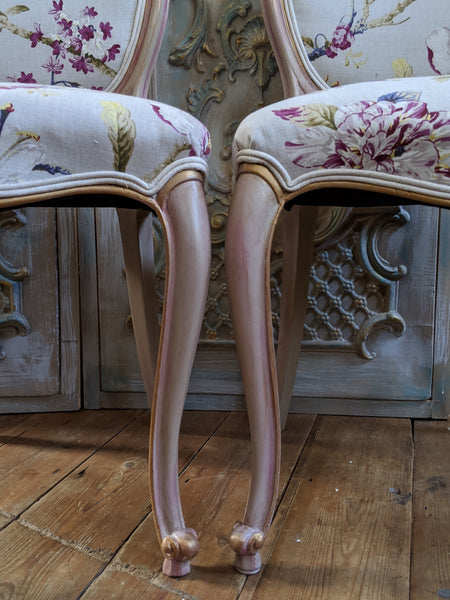 FRENCH LOUIS Shabby Chic Painted Dusky Pink Carved Floral LINEN Hall Boudoir Parlour Chair