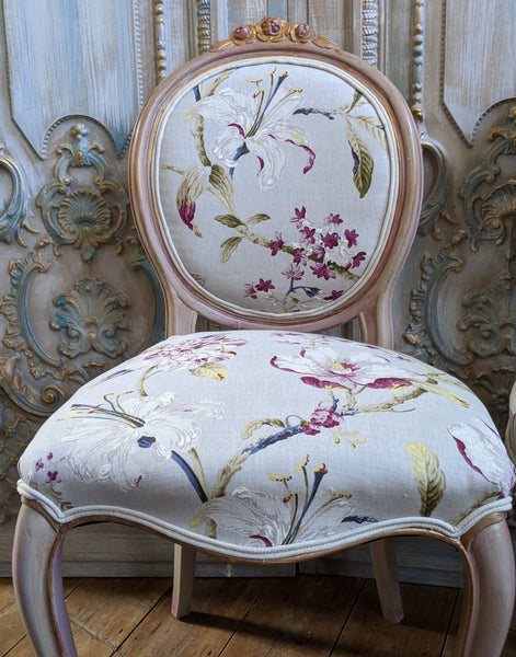 FRENCH LOUIS Shabby Chic Painted Dusky Pink Carved Floral LINEN Hall Boudoir Parlour Chair