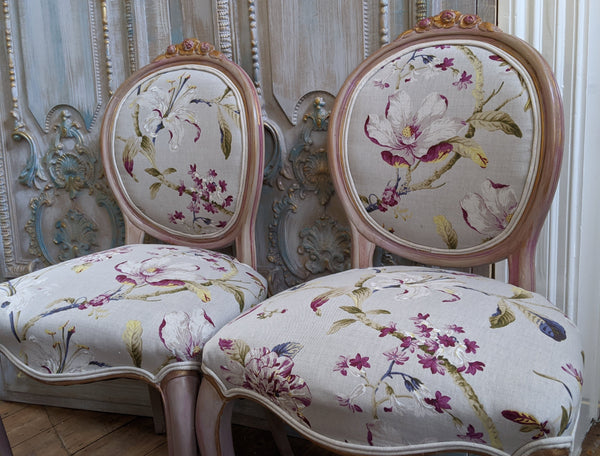 FRENCH LOUIS Shabby Chic Painted Dusky Pink Carved Floral LINEN Hall Boudoir Parlour Chair