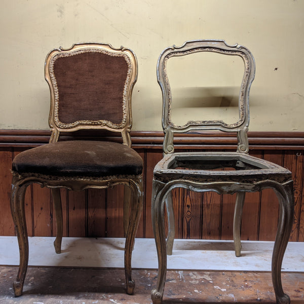 Before Photos of Antique FRENCH Louis Shabby Chic GOLD & Dusky Pink Carved Hall Boudoir Parlour Dining Chair