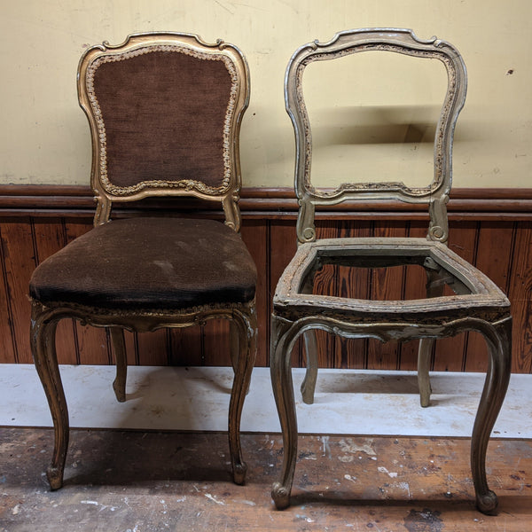 Before Photos of Antique FRENCH Louis Shabby Chic GOLD & Dusky Pink Carved Hall Boudoir Parlour Dining Chair