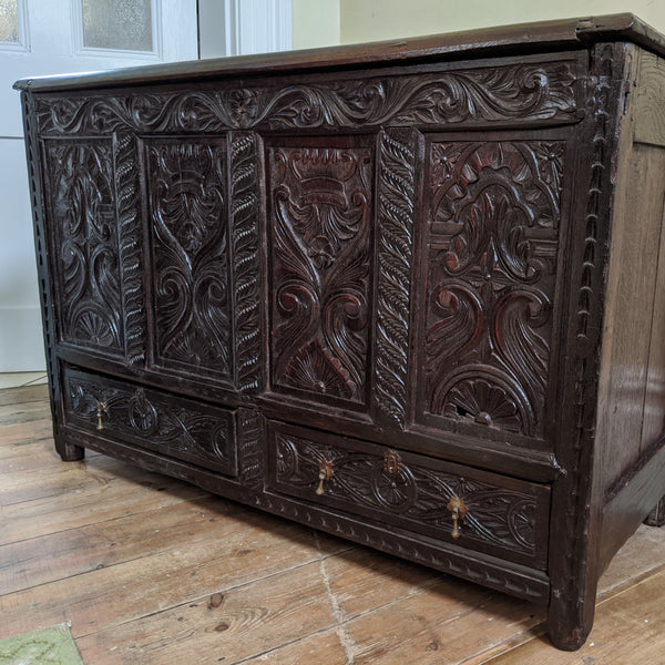 Antique OAK 17th Century Wooden Storage Carved Trunk MULE Chest COFFER with Drawers