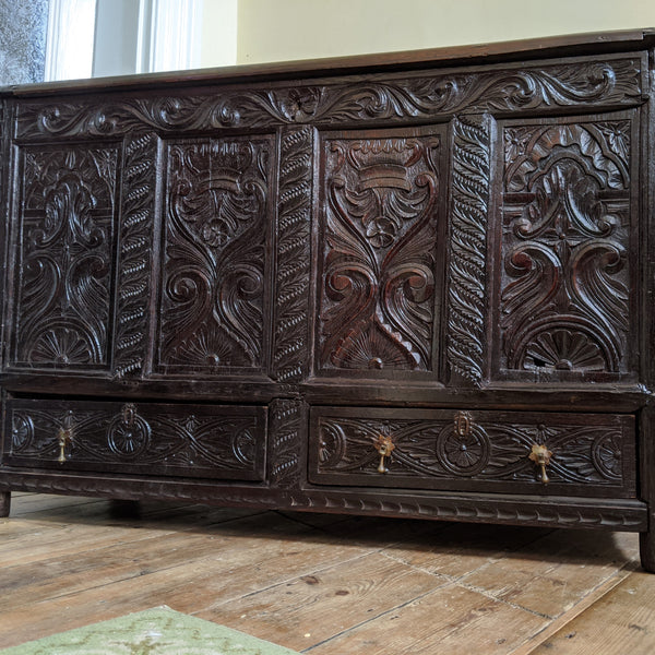 Antique OAK 17th Century Wooden Storage Carved Trunk MULE Chest COFFER with Drawers
