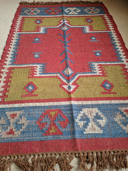 150x90cm INDIAN KILIM KELIM Jute Wool Aztec Design HAND WOVEN Carpet Rug Runner