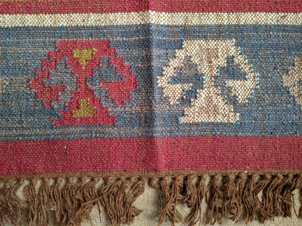 150x90cm INDIAN KILIM KELIM Jute Wool Aztec Design HAND WOVEN Carpet Rug Runner