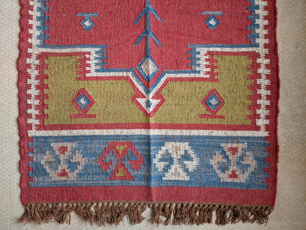 150x90cm INDIAN KILIM KELIM Jute Wool Aztec Design HAND WOVEN Carpet Rug Runner