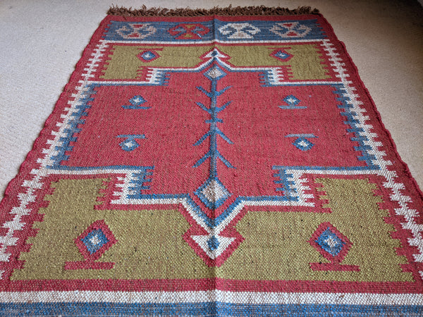 150x90cm INDIAN KILIM KELIM Jute Wool Aztec Design HAND WOVEN Carpet Rug Runner