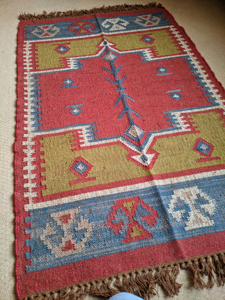 150x90cm INDIAN KILIM KELIM Jute Wool Aztec Design HAND WOVEN Carpet Rug Runner