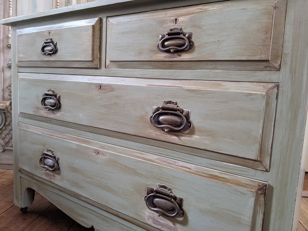 ANTIQUE Art Nouveau Distressed GREEN Painted Shabby Chic Chest of 2 Over 2 Drawer Unit