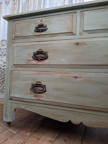 ANTIQUE Art Nouveau Distressed GREEN Painted Shabby Chic Chest of 2 Over 2 Drawer Unit