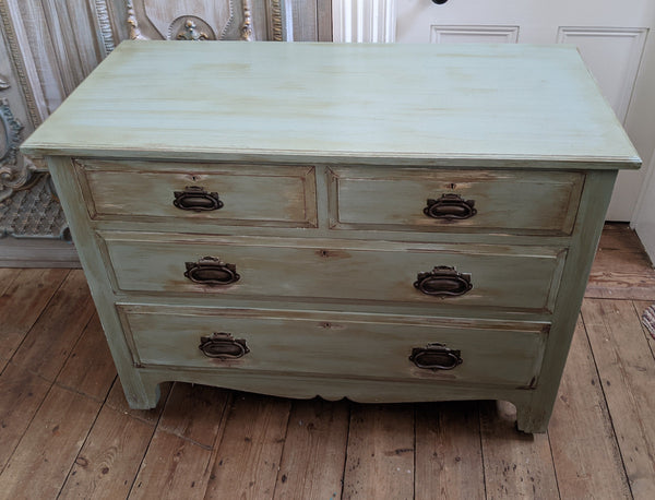 ANTIQUE Art Nouveau Distressed GREEN Painted Shabby Chic Chest of 2 Over 2 Drawer Unit