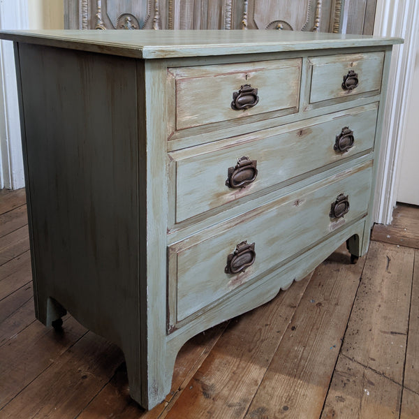 ANTIQUE Art Nouveau Distressed GREEN Painted Shabby Chic Chest of 2 Over 2 Drawer Unit