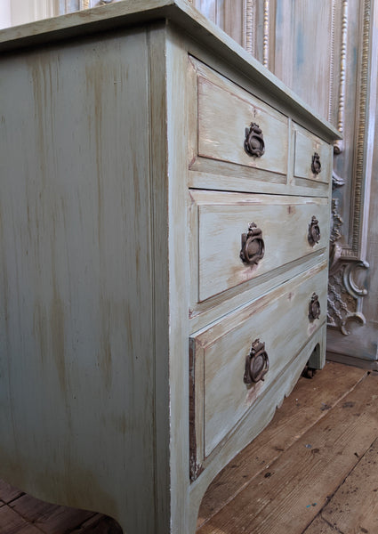 ANTIQUE Art Nouveau Distressed GREEN Painted Shabby Chic Chest of 2 Over 2 Drawer Unit