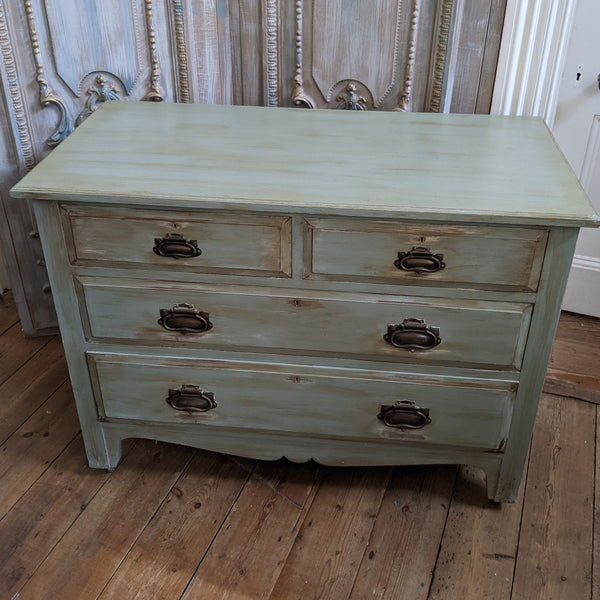 ANTIQUE Art Nouveau Distressed GREEN Painted Shabby Chic Chest of 2 Over 2 Drawer Unit