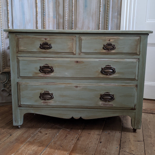 ANTIQUE Art Nouveau Distressed GREEN Painted Shabby Chic Chest of 2 Over 2 Drawer Unit