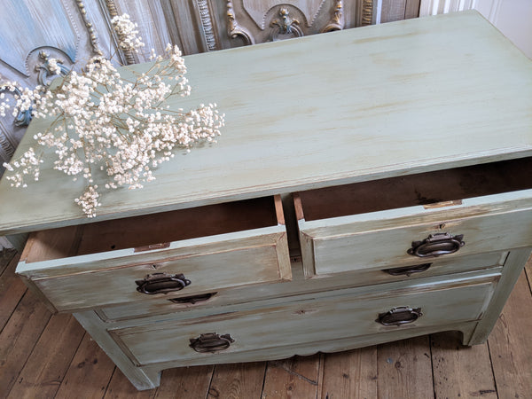 ANTIQUE Art Nouveau Distressed GREEN Painted Shabby Chic Chest of 2 Over 2 Drawer Unit
