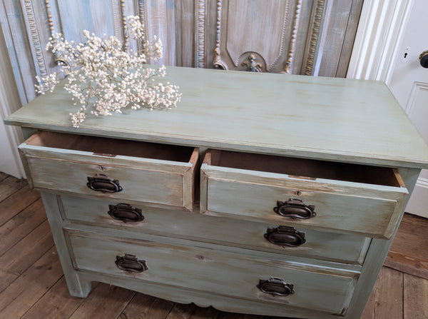 ANTIQUE Art Nouveau Distressed GREEN Painted Shabby Chic Chest of 2 Over 2 Drawer Unit