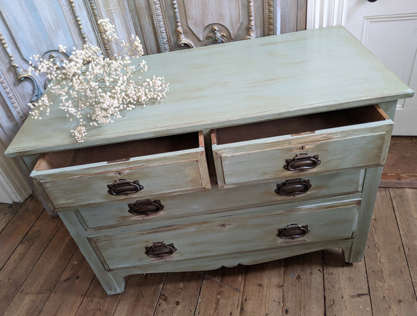 ANTIQUE Art Nouveau Distressed GREEN Painted Shabby Chic Chest of 2 Over 2 Drawer Unit