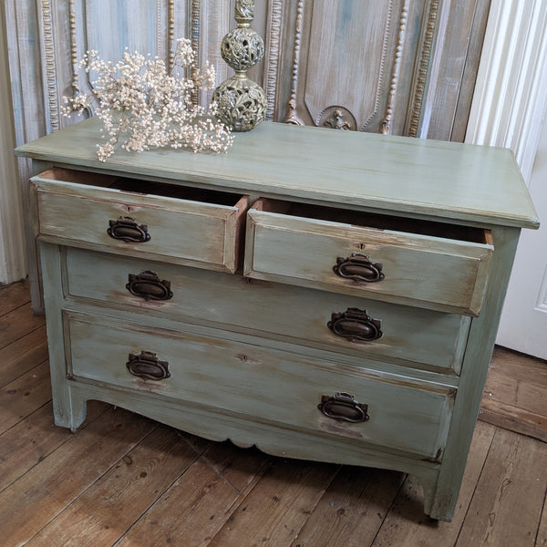ANTIQUE Art Nouveau Distressed GREEN Painted Shabby Chic Chest of 2 Over 2 Drawer Unit