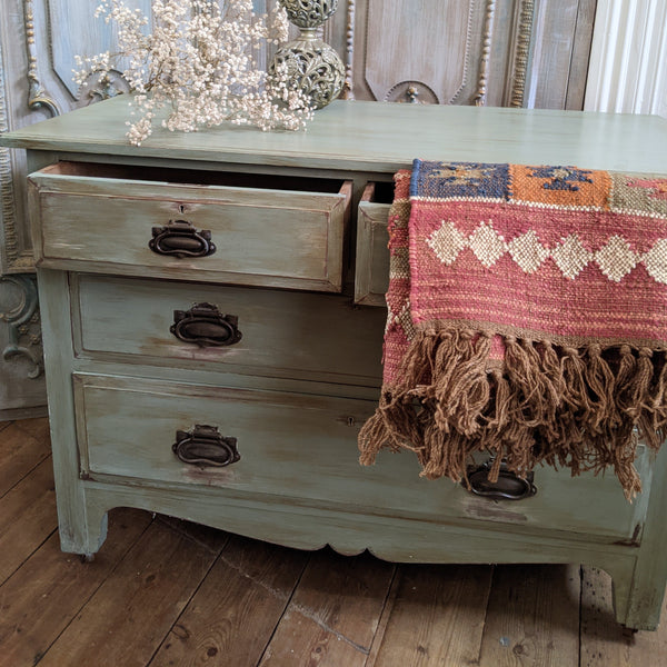 ANTIQUE Art Nouveau Distressed GREEN Painted Shabby Chic Chest of 2 Over 2 Drawer Unit