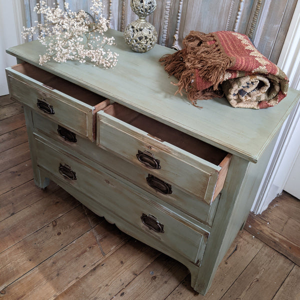 ANTIQUE Art Nouveau Distressed GREEN Painted Shabby Chic Chest of 2 Over 2 Drawer Unit