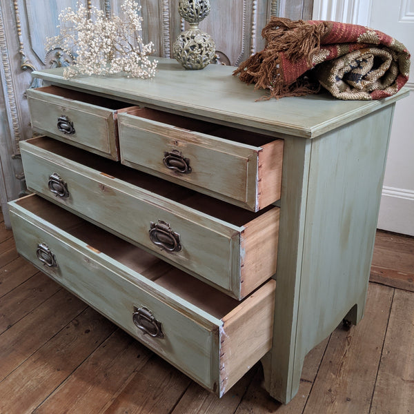 ANTIQUE Art Nouveau Distressed GREEN Painted Shabby Chic Chest of 2 Over 2 Drawer Unit