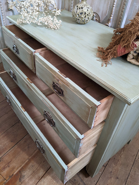 ANTIQUE Art Nouveau Distressed GREEN Painted Shabby Chic Chest of 2 Over 2 Drawer Unit