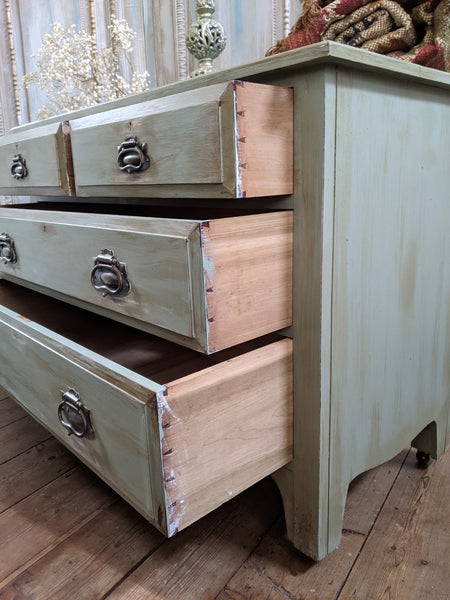 ANTIQUE Art Nouveau Distressed GREEN Painted Shabby Chic Chest of 2 Over 2 Drawer Unit