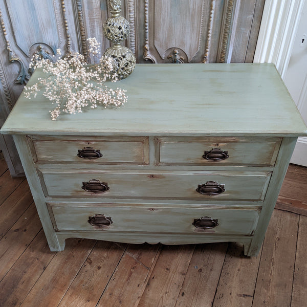 ANTIQUE Art Nouveau Distressed GREEN Painted Shabby Chic Chest of 2 Over 2 Drawer Unit