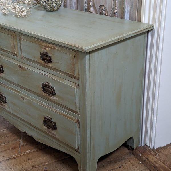 ANTIQUE Art Nouveau Distressed GREEN Painted Shabby Chic Chest of 2 Over 2 Drawer Unit