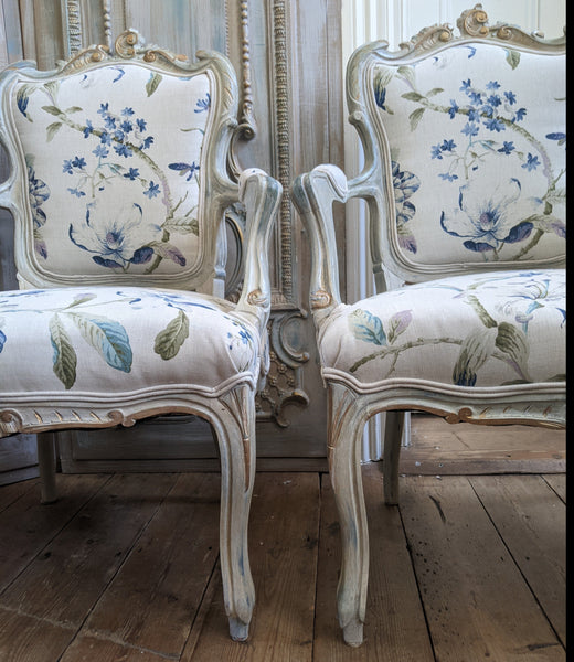 Antique FRENCH LOUIS Shabby Chic Painted Grey Carved Floral LINEN Hall Boudoir Chair