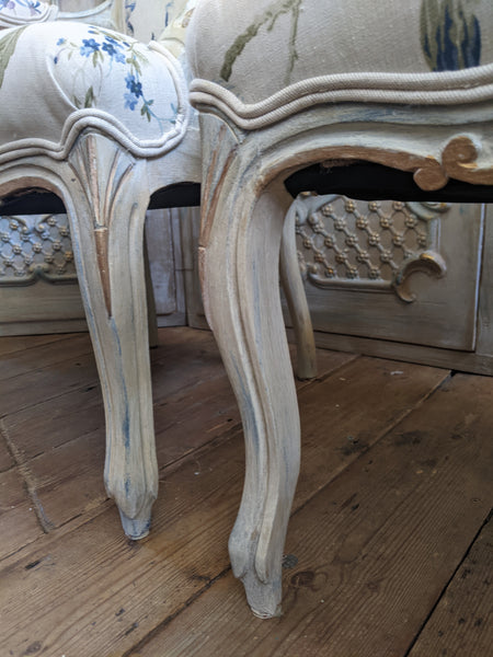 Antique FRENCH LOUIS Shabby Chic Painted Grey Carved Floral LINEN Hall Boudoir Chair