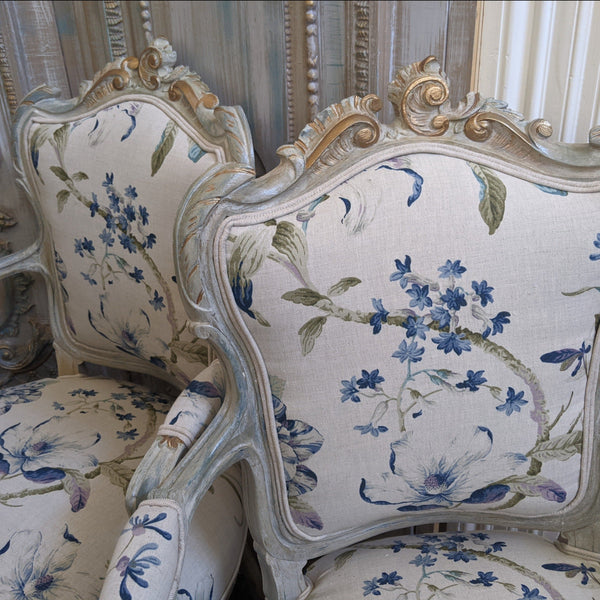 Antique FRENCH LOUIS Shabby Chic Painted Grey Carved Floral LINEN Hall Boudoir Chair