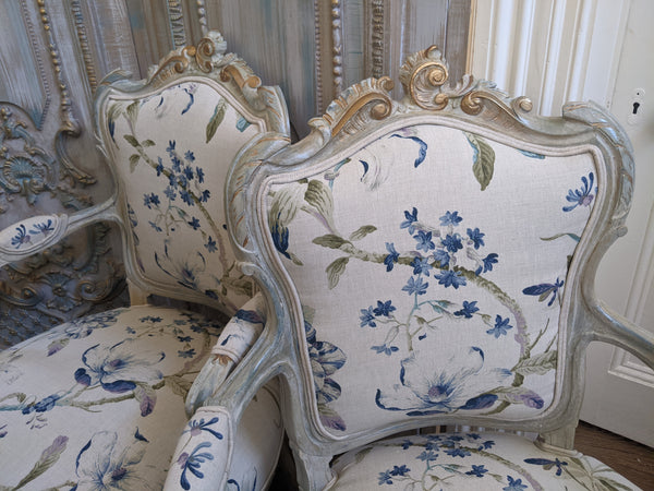 Antique FRENCH LOUIS Shabby Chic Painted Grey Carved Floral LINEN Hall Boudoir Chair