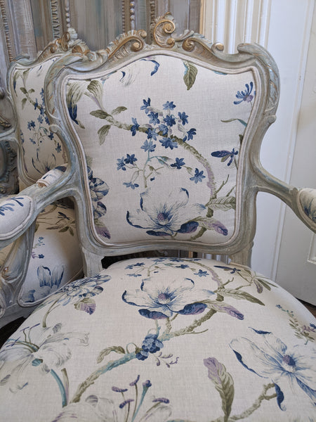 Antique FRENCH LOUIS Shabby Chic Painted Grey Carved Floral LINEN Hall Boudoir Chair