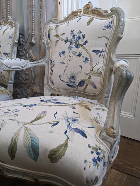 Antique FRENCH LOUIS Shabby Chic Painted Grey Carved Floral LINEN Hall Boudoir Chair