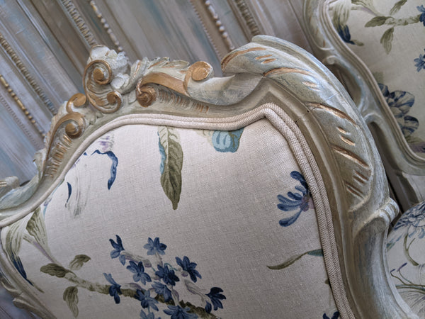 Antique FRENCH LOUIS Shabby Chic Painted Grey Carved Floral LINEN Hall Boudoir Chair
