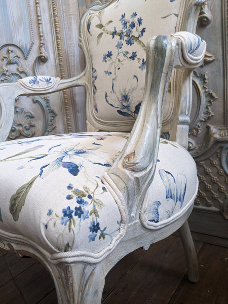 Antique FRENCH LOUIS Shabby Chic Painted Grey Carved Floral LINEN Hall Boudoir Chair