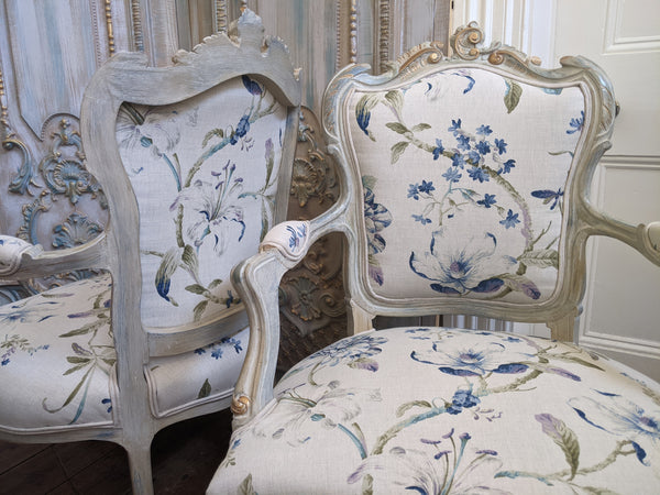 Antique FRENCH LOUIS Shabby Chic Painted Grey Carved Floral LINEN Hall Boudoir Chair