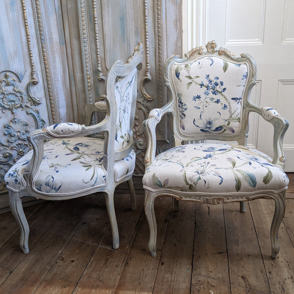 Antique FRENCH LOUIS Shabby Chic Painted Grey Carved Floral LINEN Hall Boudoir Chair