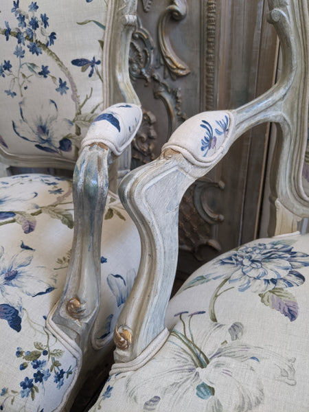 Antique FRENCH LOUIS Shabby Chic Painted Grey Carved Floral LINEN Hall Boudoir Chair
