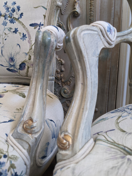Antique FRENCH LOUIS Shabby Chic Painted Grey Carved Floral LINEN Hall Boudoir Chair