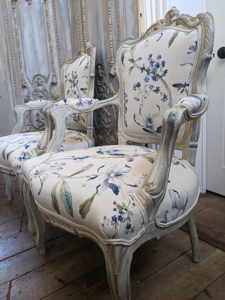 Antique FRENCH LOUIS Shabby Chic Painted Grey Carved Floral LINEN Hall Boudoir Chair