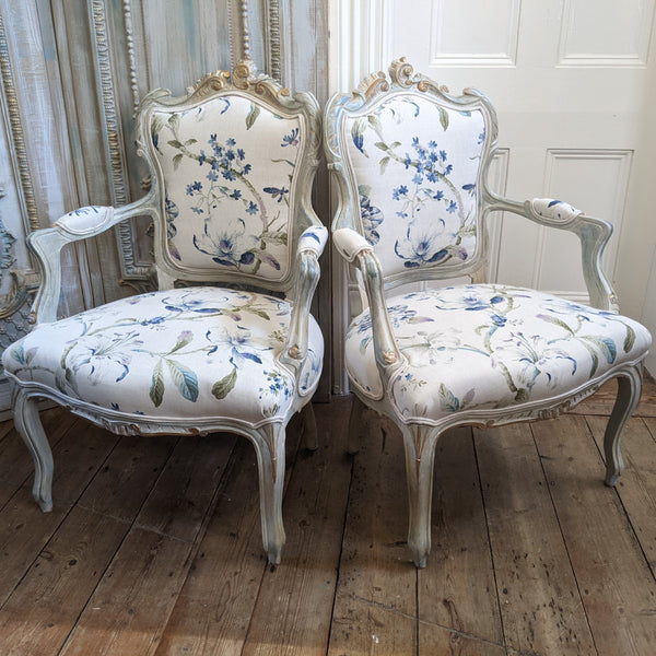 Antique FRENCH LOUIS Shabby Chic Painted Grey Carved Floral LINEN Hall Boudoir Chair