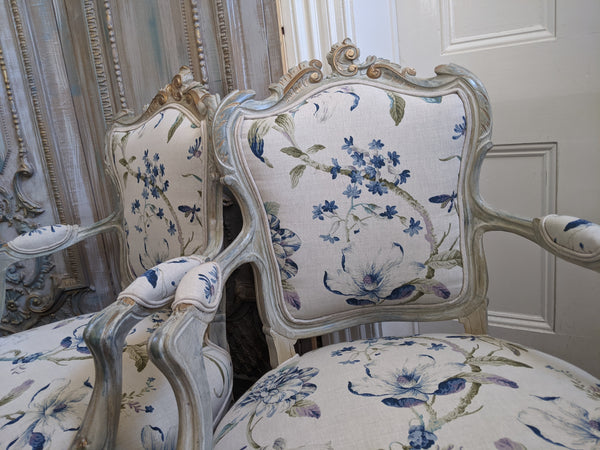 Antique FRENCH LOUIS Shabby Chic Painted Grey Carved Floral LINEN Hall Boudoir Chair