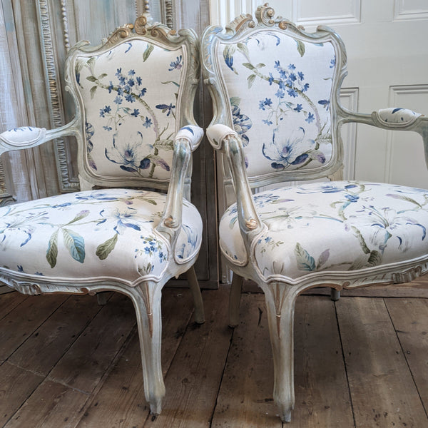 Antique FRENCH LOUIS Shabby Chic Painted Grey Carved Floral LINEN Hall Boudoir Chair