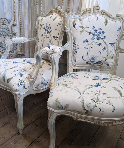 Antique FRENCH LOUIS Shabby Chic Painted Grey Carved Floral LINEN Hall Boudoir Chair